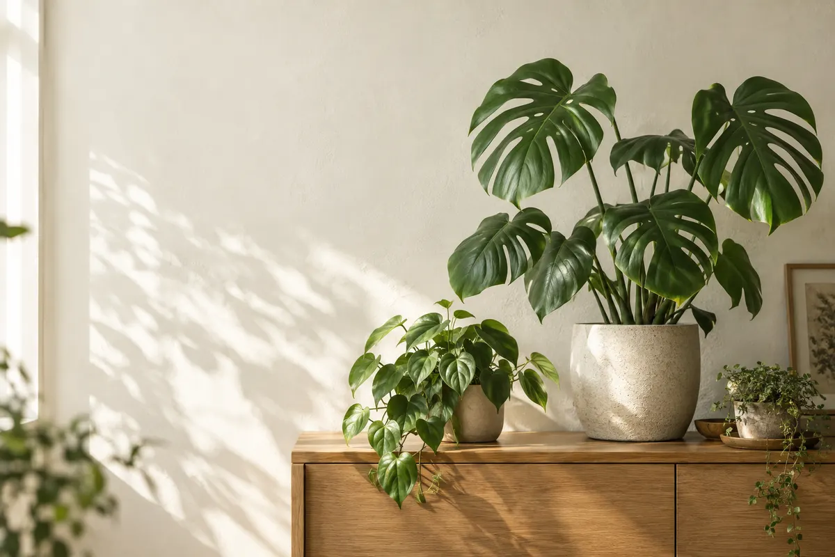 自然光の入る部屋で育つモンステラと観葉植物
